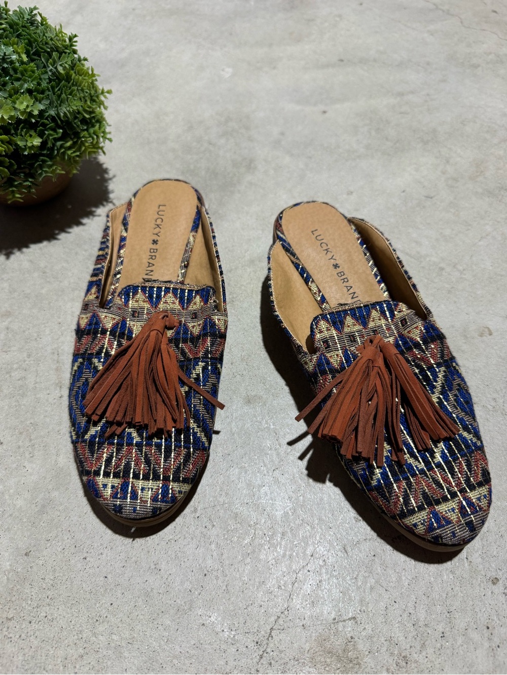 Lucky Brand Tassel Mules Flats Women Size 6 Leather Woven Boho Southwest